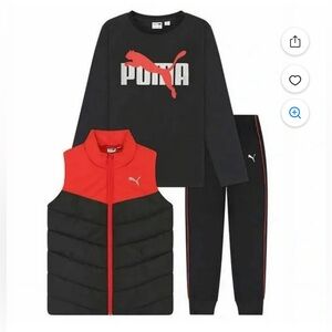 Puma kids 3 piece red black vest set joggers medium new